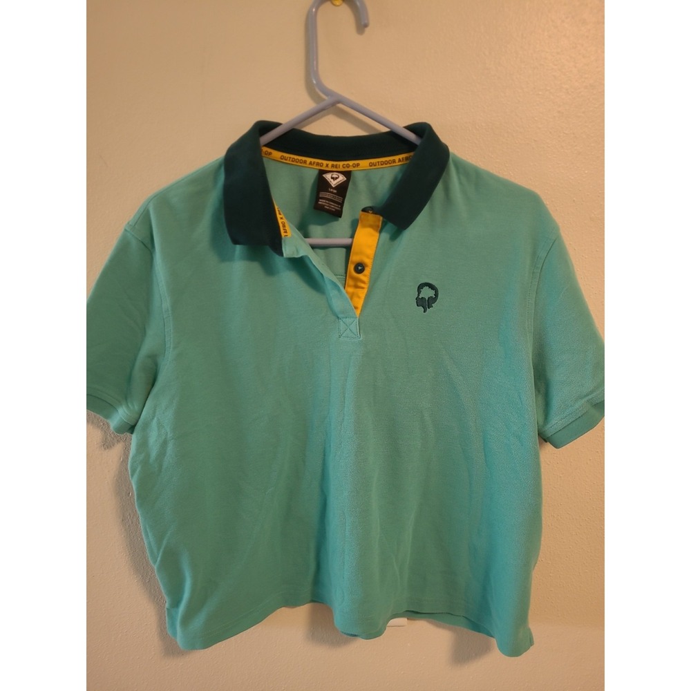 Outdoor‎ Afro + REI Co-op Womens Polo Shirt Large SS Aqua Color Logo Collar Crop